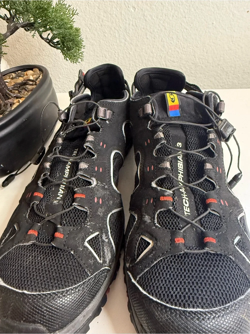 Salomon Techamphibian 3  men size 10 Black Sandal with Red and Yellow Detail